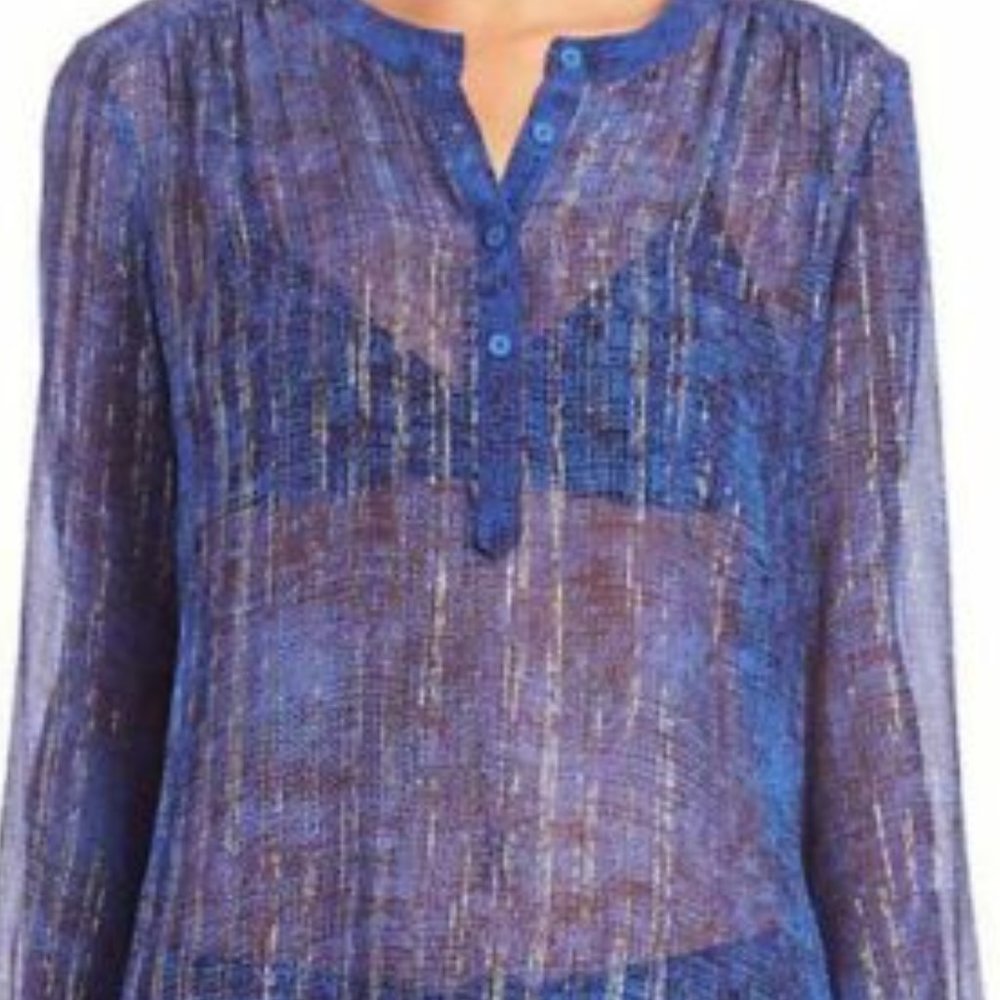 REBECCA TAYLOR New Sheer Metallic SILK Top Blouse Top Long Sleeve Blue Silver 4 - Picture 3 of 4